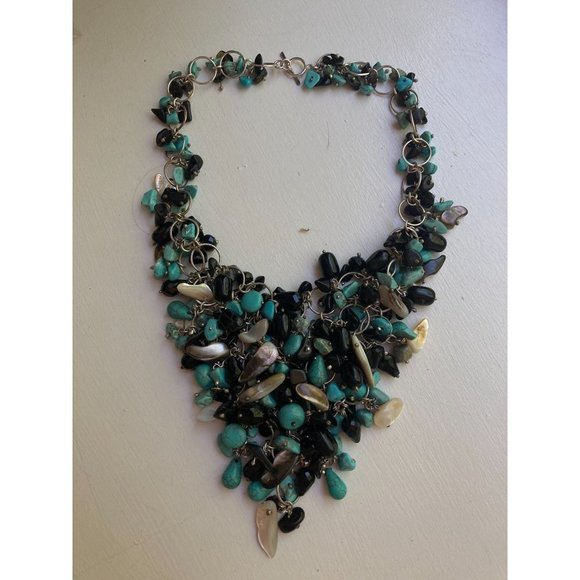 Black Obsidian/ Blue Dyed Howlite/Faceted Crystal/Shell Statement Bib Necklace - Picture 5 of 6